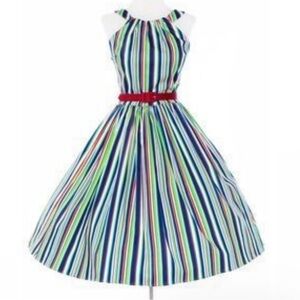 Pinup Couture PUG EUC Harley Dress with Red Belt, Stripe, Size L